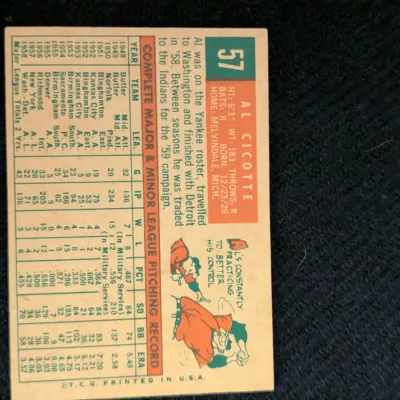 1959 Topps Al Cicotte #57 Cleveland Indians Baseball Card