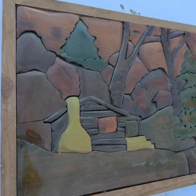 Vintage Handcrafted Wooden Intarsia Cabin in the Woods Wall Art