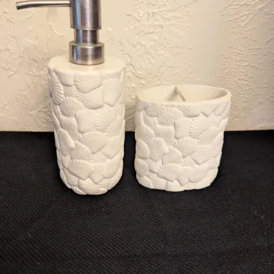 White Seashell Motif Soap Dispenser and Toothbrush Holder Set
