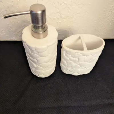 White Seashell Motif Soap Dispenser and Toothbrush Holder Set