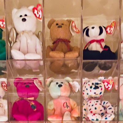 Sale Photo Thumbnail #234: Collection of vintage Ty Beanie Babies, including Halo, Curly, Fortune, and Peace, displayed in individual clear acrylic cases.