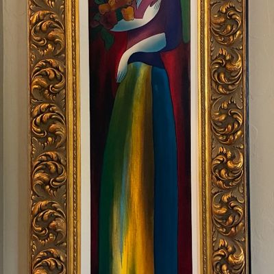 Sale Photo Thumbnail #137: Serigraph by Itzchak Tarkay depicting a stylized woman in a colorful dress, housed in an ornate, heavily carved gilt frame.