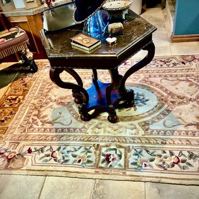 Sale Photo Thumbnail #125: Traditional Chinese Aubusson-style wool area rug featuring a pastel floral and scrollwork design, shown beneath a dark wood octagonal accent table.