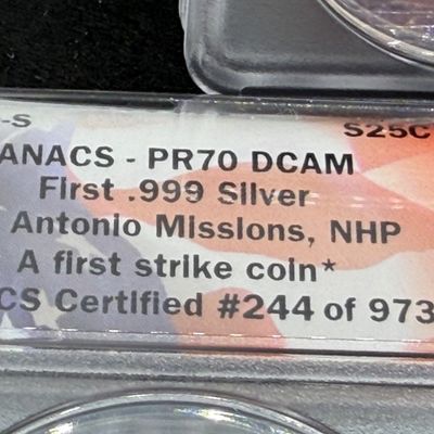 LOT 115: Three ANACS Graded PR70 DCAM and Slabbed 2019-S .999 Fine Silver US Coins - 2 Quarters, 1 Dime - All Certified # 244 of 973
