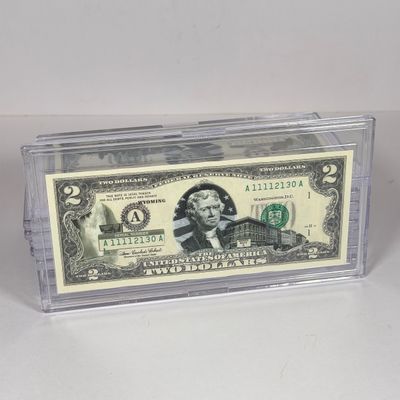 LOT 35: Collection of Ten Vintage $2 Bills with Aftermarket Art Depicting U.S. States in Cases - Wyoming, Oregon, Arizona and More