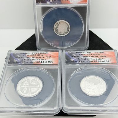 LOT 115: Three ANACS Graded PR70 DCAM and Slabbed 2019-S .999 Fine Silver US Coins - 2 Quarters, 1 Dime - All Certified # 244 of 973