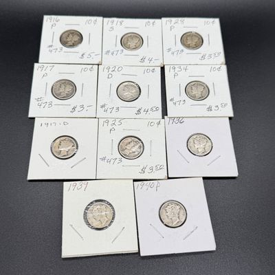 LOT 70: Collection of Barber Dimes - 90% Silver - 11 U.S. Coins