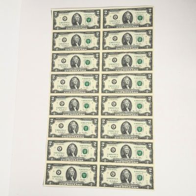LOT 1: Uncut Sheet of 16 $2 Bills - 2013