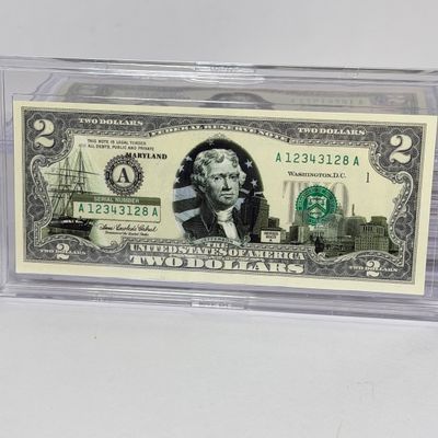 LOT 34: Collection of Ten Vintage $2 Bills with Aftermarket Art Depicting U.S. States in Cases - Florida, Alaska, New Jersey and More