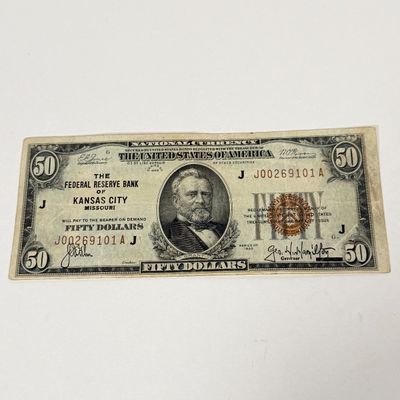 LOT 26: Vintage U.S. Series 1929 $50 Federal Reserve Bank Note - Federal Reserve Bank of Kansas City