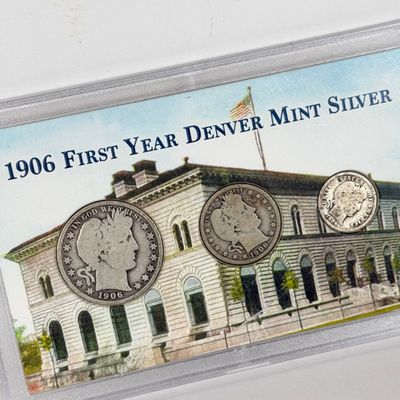 LOT 43: 1906 First Year Denver Mint Silver U.S. Coin Set - Barber Half Dollar, Quarter and Dime