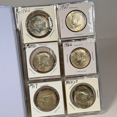 LOT 39: Collection of Kennedy Half Dollars - 40% Silver - 1966 through 1969 - in Collector Booklet