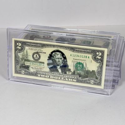 LOT 34: Collection of Ten Vintage $2 Bills with Aftermarket Art Depicting U.S. States in Cases - Florida, Alaska, New Jersey and More