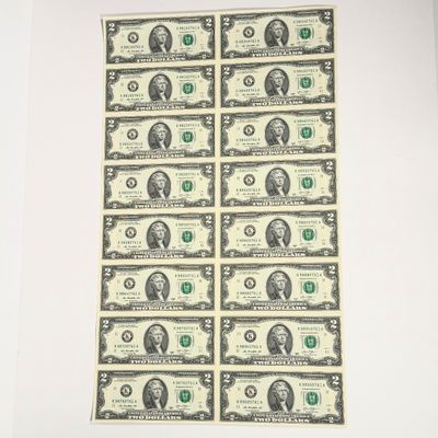 LOT 1: Uncut Sheet of 16 $2 Bills - 2013