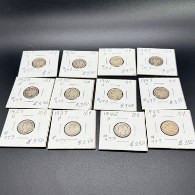 LOT 123: Collection of Mercury Dimes - 90% Silver - 12 U.S. Coins