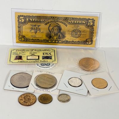 LOT 45: Collection of Commemorative Coins and Currency - Silver Bullion, Gold Plated Silver Certificate Replica and More