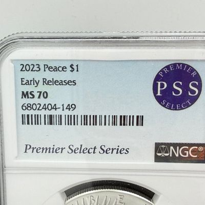 LOT 96: 2023 Peace Dollar .999 Fine Silver Coin Early Release Slabbed NGC Graded MS70