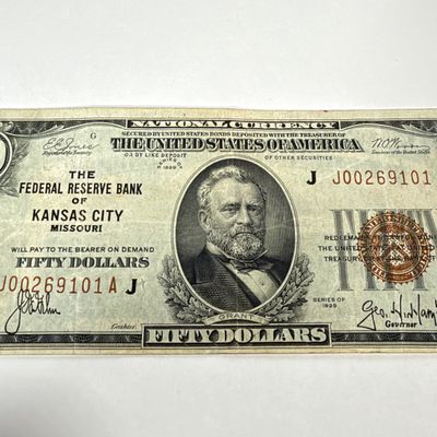 LOT 26: Vintage U.S. Series 1929 $50 Federal Reserve Bank Note - Federal Reserve Bank of Kansas City