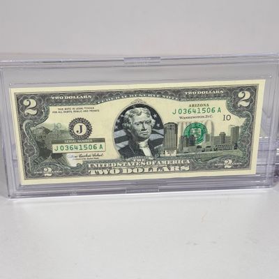 LOT 35: Collection of Ten Vintage $2 Bills with Aftermarket Art Depicting U.S. States in Cases - Wyoming, Oregon, Arizona and More