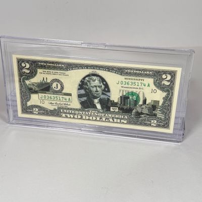 LOT 32: Collection of Ten Vintage $2 Bills with Aftermarket Art Depicting U.S. States in Cases - Colorado, Nevada and More