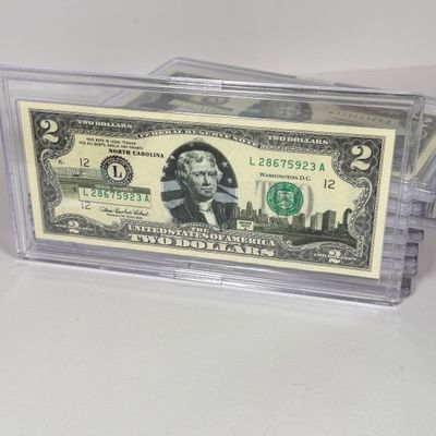 LOT 32: Collection of Ten Vintage $2 Bills with Aftermarket Art Depicting U.S. States in Cases - Colorado, Nevada and More