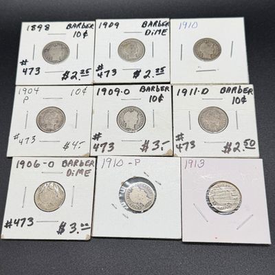 LOT 69: Collection of Barber Dimes - 90% Silver - Nine U.S. Coins