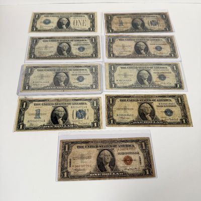 LOT 16: One Dollar Silver Certificate Bills (9) Mixed Lot - 1934, 1957, Hawaii 1935 and More
