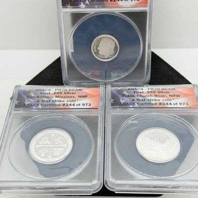 LOT 115: Three ANACS Graded PR70 DCAM and Slabbed 2019-S .999 Fine Silver US Coins - 2 Quarters, 1 Dime - All Certified # 244 of 973