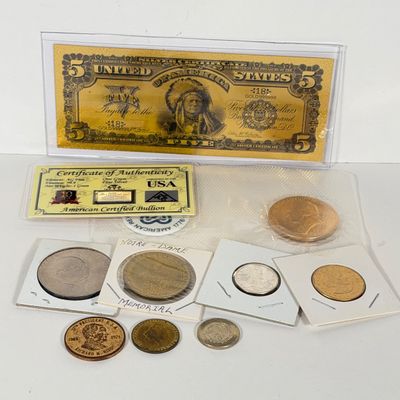 LOT 45: Collection of Commemorative Coins and Currency - Silver Bullion, Gold Plated Silver Certificate Replica and More