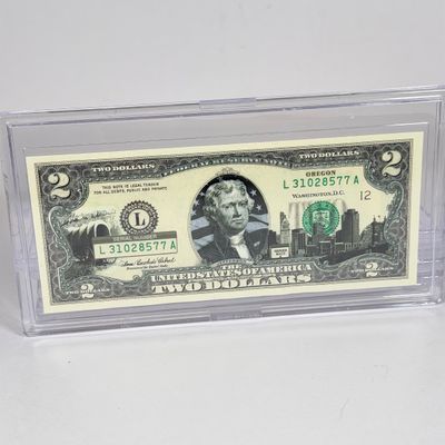 LOT 35: Collection of Ten Vintage $2 Bills with Aftermarket Art Depicting U.S. States in Cases - Wyoming, Oregon, Arizona and More