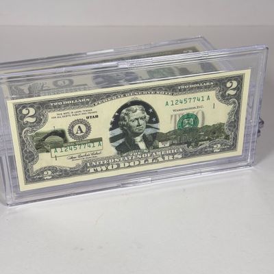 LOT 33: Collection of Ten Vintage $2 Bills with Aftermarket Art Depicting U.S. States in Cases - Ohio, Vermont, Indiana and More