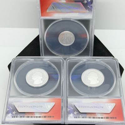 LOT 115: Three ANACS Graded PR70 DCAM and Slabbed 2019-S .999 Fine Silver US Coins - 2 Quarters, 1 Dime - All Certified # 244 of 973