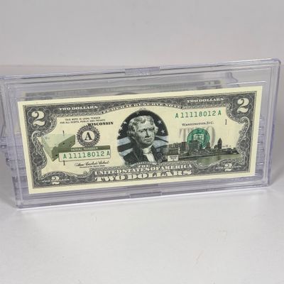LOT 35: Collection of Ten Vintage $2 Bills with Aftermarket Art Depicting U.S. States in Cases - Wyoming, Oregon, Arizona and More