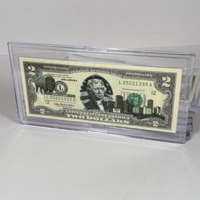 LOT 32: Collection of Ten Vintage $2 Bills with Aftermarket Art Depicting U.S. States in Cases - Colorado, Nevada and More