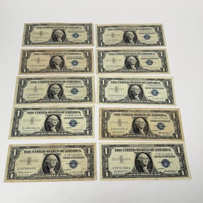 LOT 25: One Dollar U.S. Silver Certificate Bills (10) 1957