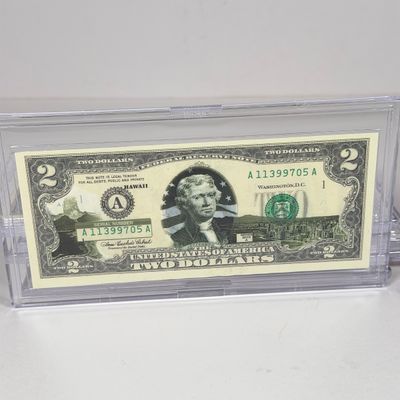 LOT 35: Collection of Ten Vintage $2 Bills with Aftermarket Art Depicting U.S. States in Cases - Wyoming, Oregon, Arizona and More