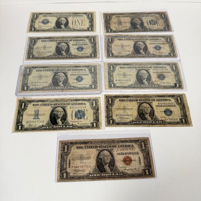 LOT 16: One Dollar Silver Certificate Bills (9) Mixed Lot - 1934, 1957, Hawaii 1935 and More