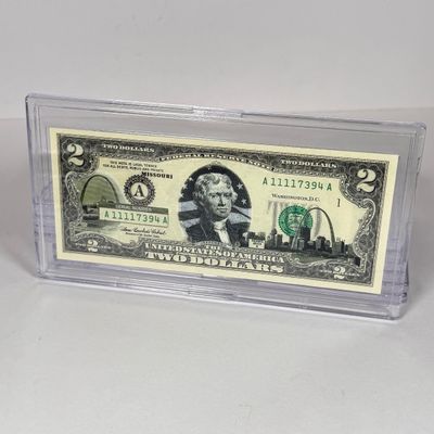 LOT 32: Collection of Ten Vintage $2 Bills with Aftermarket Art Depicting U.S. States in Cases - Colorado, Nevada and More