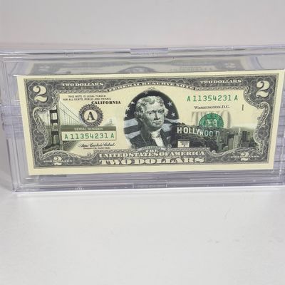 LOT 35: Collection of Ten Vintage $2 Bills with Aftermarket Art Depicting U.S. States in Cases - Wyoming, Oregon, Arizona and More