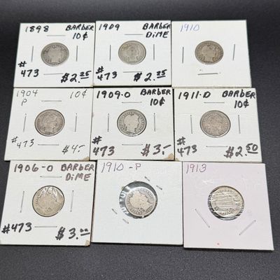 LOT 69: Collection of Barber Dimes - 90% Silver - Nine U.S. Coins