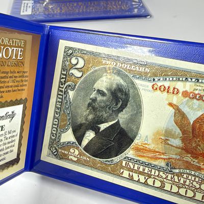 LOT 40: Hybrid $2 Bill w. Commemorative Art Overlays in Cases w/ Certificates from Merrick Mint (3)