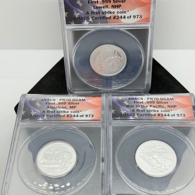 LOT 115: Three ANACS Graded PR70 DCAM and Slabbed 2019-S .999 Fine Silver US Quarters All Certified # 244 of 973