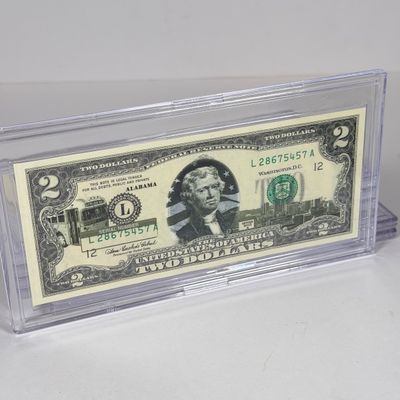 LOT 33: Collection of Ten Vintage $2 Bills with Aftermarket Art Depicting U.S. States in Cases - Ohio, Vermont, Indiana and More