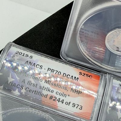 LOT 115: Three ANACS Graded PR70 DCAM and Slabbed 2019-S .999 Fine Silver US Coins - 2 Quarters, 1 Dime - All Certified # 244 of 973