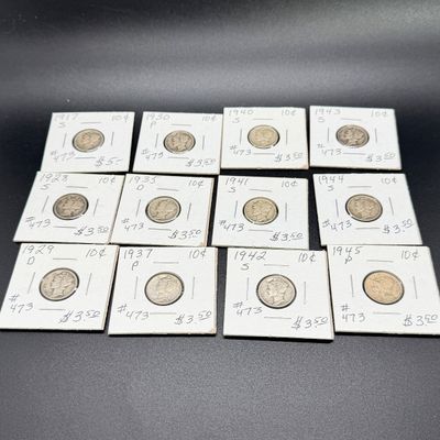 LOT 123: Collection of Mercury Dimes - 90% Silver - 12 U.S. Coins