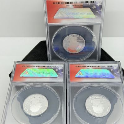 LOT 115: Three ANACS Graded PR70 DCAM and Slabbed 2019-S .999 Fine Silver US Quarters All Certified # 244 of 973