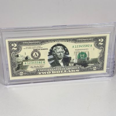 LOT 35: Collection of Ten Vintage $2 Bills with Aftermarket Art Depicting U.S. States in Cases - Wyoming, Oregon, Arizona and More