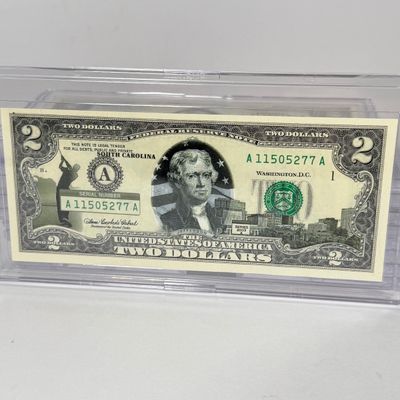 LOT 32: Collection of Ten Vintage $2 Bills with Aftermarket Art Depicting U.S. States in Cases - Colorado, Nevada and More