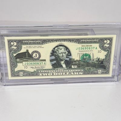 LOT 35: Collection of Ten Vintage $2 Bills with Aftermarket Art Depicting U.S. States in Cases - Wyoming, Oregon, Arizona and More