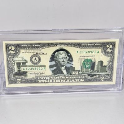 LOT 31: Collection of Ten Vintage $2 Bills with Aftermarket Art Depicting U.S. States in Cases - Maine, Texas, New Mexico and More